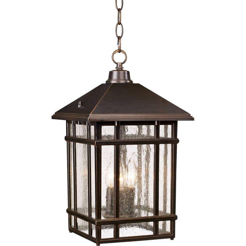 Kathy Ireland Art Deco Outdoor Hanging Light Rubbed Bronze 16 1/2 Seeded Glass Panels Damp Rated for Exterior House Porch Outside