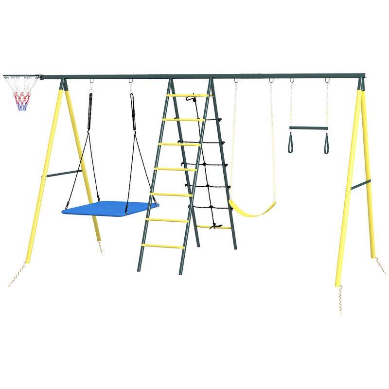 440 Lbs Swing Set For Backyard, 5 In 1 Heavy-Duty A-Frame Stand Outdoor Playset For Kids, With Saucer Swing, Slide, Swing Seats, Gym Rings, Basketball Hoop, Climbing Steps And Net