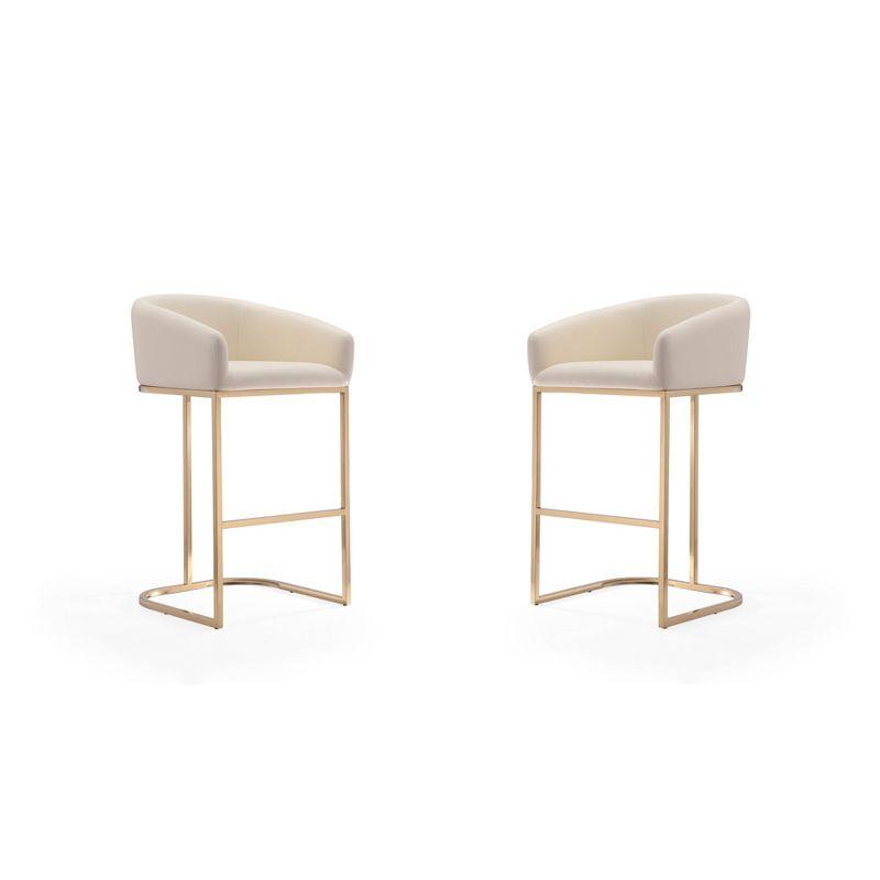 Set of 2 Louvre Upholstered Stainless Steel Barstools Cream: Gold Base, Faux Leather, No Assembly - Manhattan Comfort