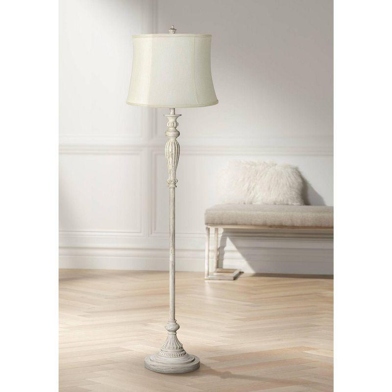 360 Lighting Vintage Shabby Chic Floor Lamp 60" Tall Antique White Washed Creme Fabric Drum Shade for Living Room Reading Bedroom Office