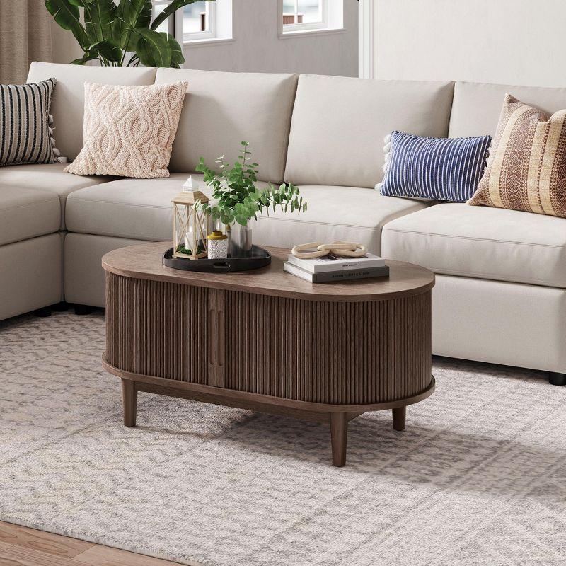 Fluted Coffee Table with Storage, Mid-Century Coffee Table for Living Room