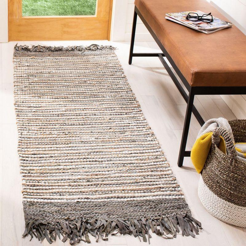 Grey and Multicolor Handwoven Cowhide Leather Area Rug