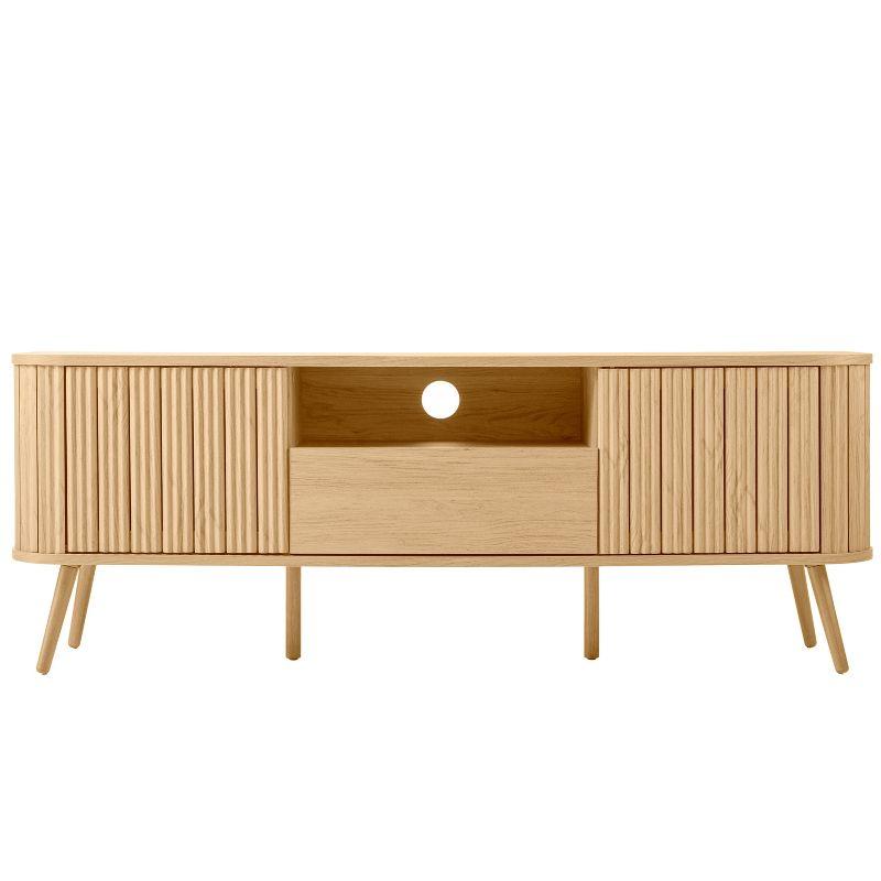 JONATHAN Y Damien 70 in. Farmhouse Curved TV Stand with Drawer and Storage Doors Fits TVs up to 75 in. with Cable Management, Oak