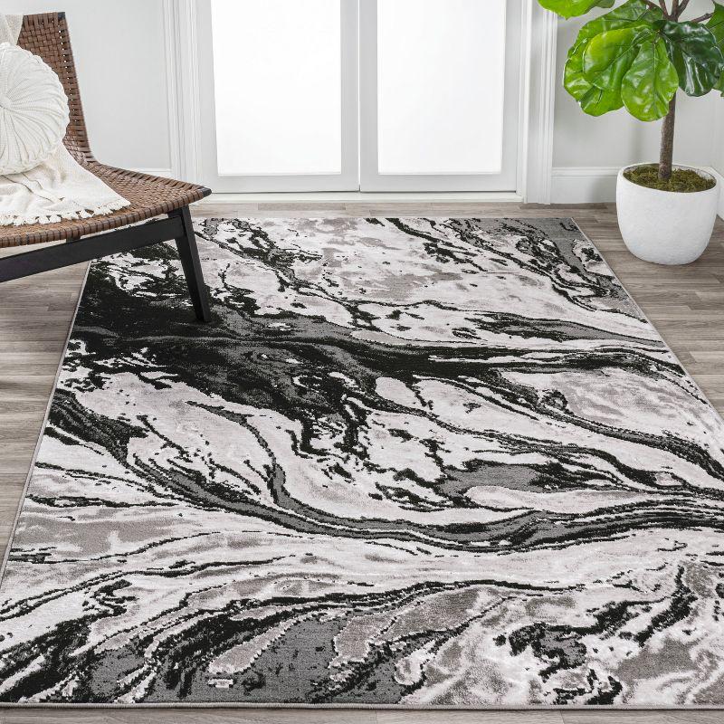 Abstract Swirl Marbled Black/Ivory 3x5 Synthetic Area Rug