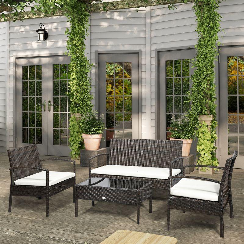 Outsunny Patio Porch Furniture Sets 4-PCS Rattan Wicker Chair w/ Table Conversation Set for Yard,Pool or Backyard Indoor/Outdoor Use