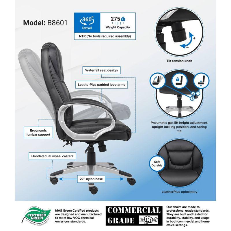 Executive Leatherplus Chair Black - Boss Office Products: High Back, Waterfall Seat, No Tool Assembly