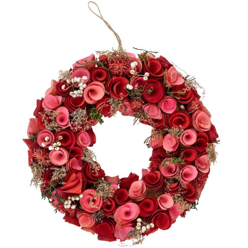 Northlight Seasonal Pink and Red Wooden Roses Artificial Spring Wreath 13-Inch Unlit