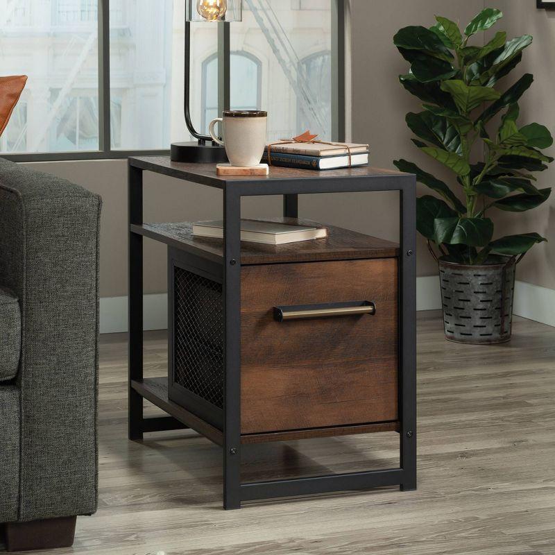 Barrel Oak and Metal Frame Nightstand with Drawer