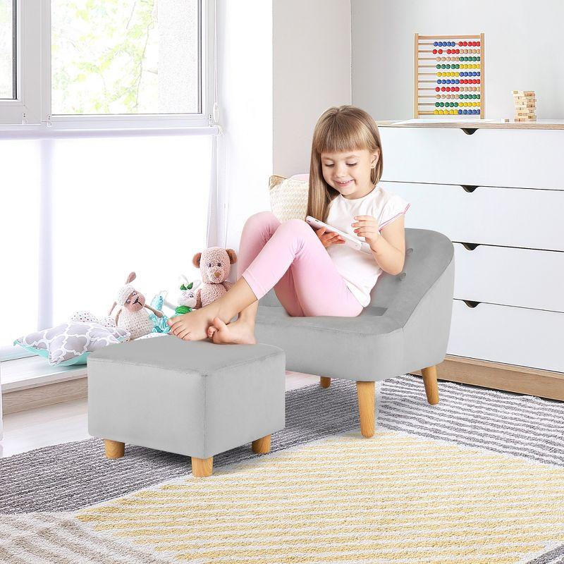 Costway Kids Sofa Chair w/ Ottoman Toddler Single Sofa Velvet Upholstered Couch Grey\Pink