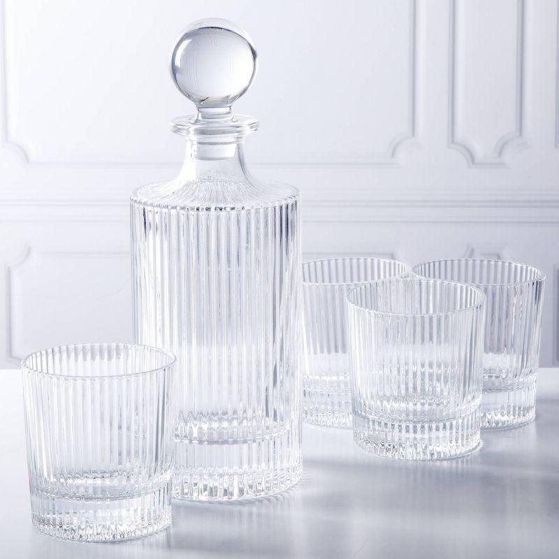 Clear Ribbed Glass Decanter and 4 Lowball Glass Set