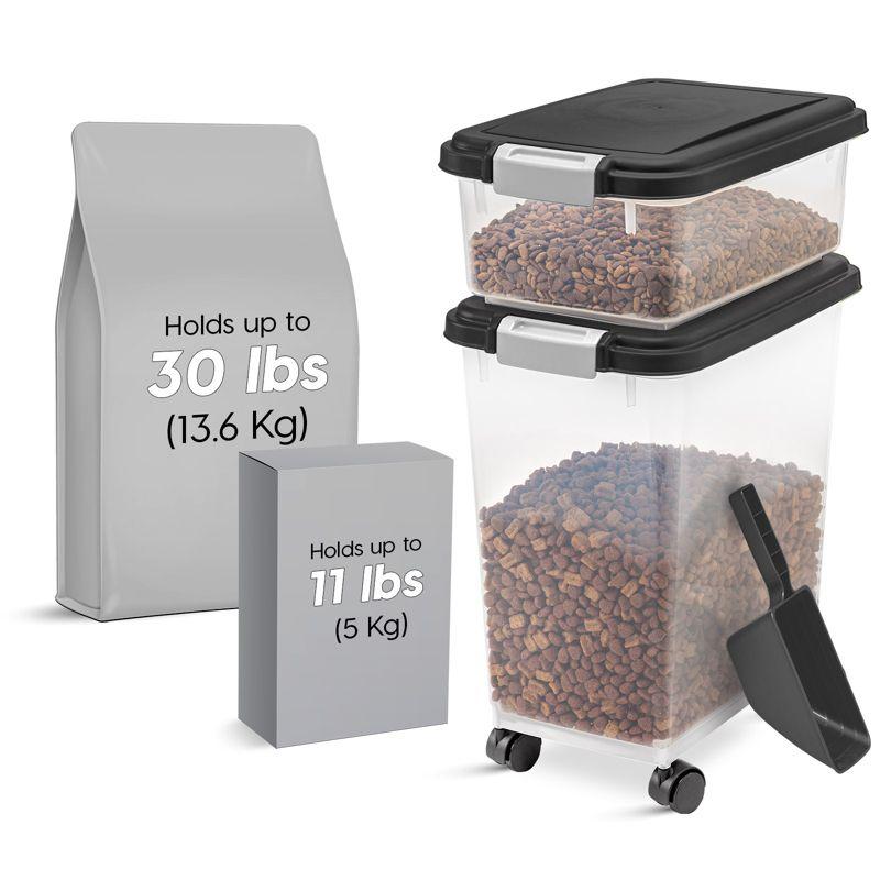 Black Plastic Airtight Pet Food Storage Container Combo with Scoop and Wheels