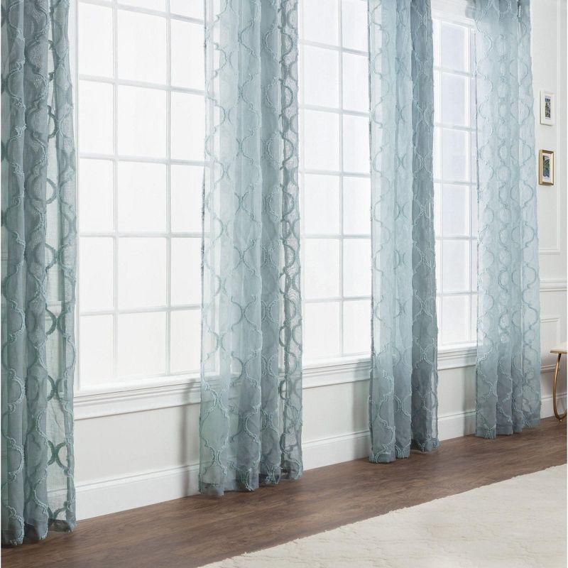 Chanasya 2pk Moroccan Embroidered Grommet Textured Sheer Window Curtain Panels - Set of 2 - 52 x 63 Inches Long - Tan Turquoise