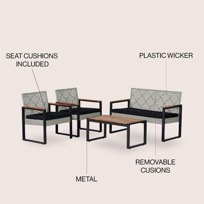 Wilder 4-Piece Modern Coastal Faux Wicker Conversation Outdoor Patio Set - JONATHAN Y