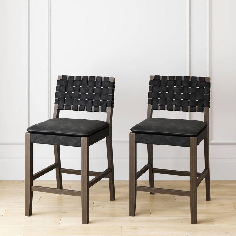 Nathan James Cohen Woven Faux Leather Counter Height Barstool Black: Rubberwood Frame, Saddle Seat, Stud Detail