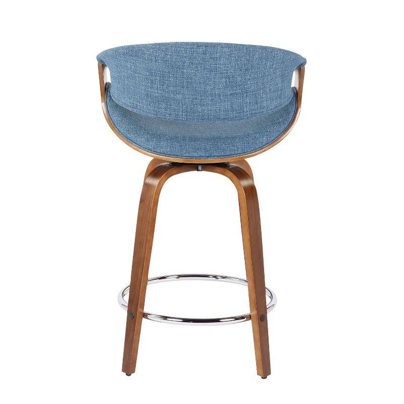 LumiSource Set of 2 Curvini Upholstered Counter Height Barstools Blue/Walnut: Swivel, Chrome-Plated, Wood Legs