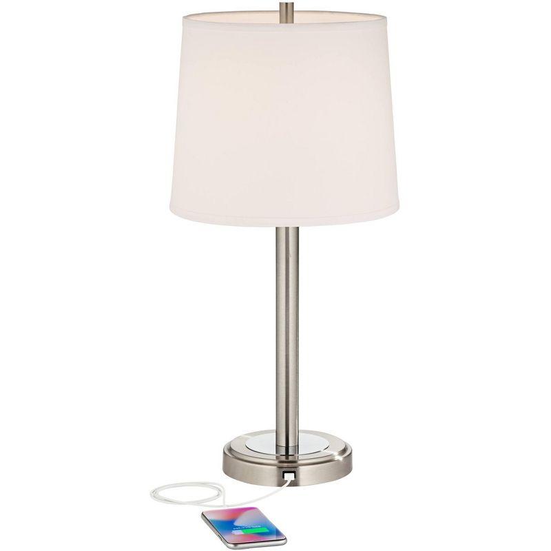 360 Lighting Camile Modern Table Lamps 25" High Set of 2 Brushed Nickel with USB Charging Port Off White Drum Shade for Living Room Office House Desk