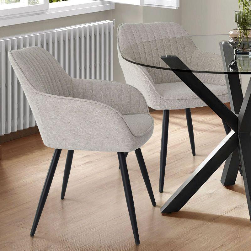 Set of 2 Modern Beige Fabric Dining Chair with Armrests, Upholstered Chair with Back and Black Metal Legs for Kitchen or Dining Room-Maison Boucle