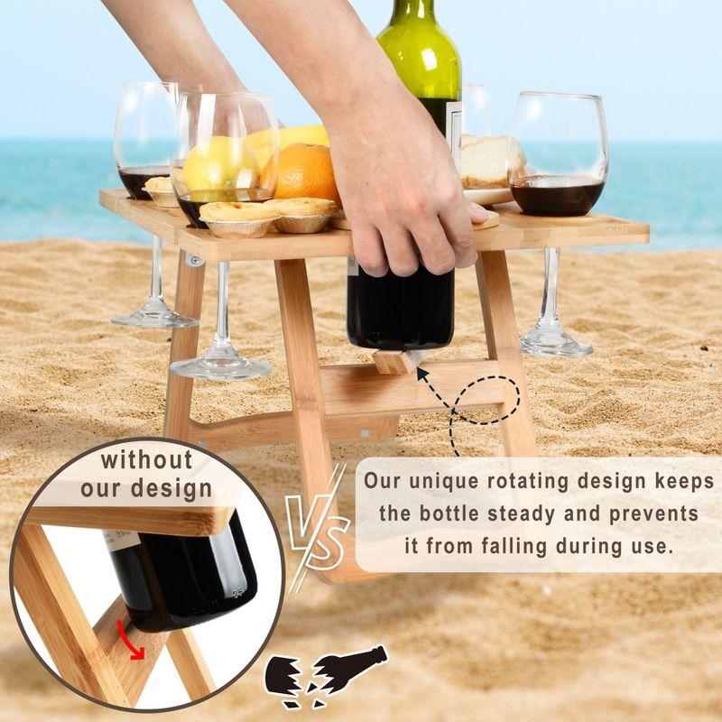 Tirrinia Bamboo Wine Picnic Table, Ideal Wine Lover Gift, Large Folding Portable Outdoor Snack & Cheese Tray for Concerts at Park, Beach