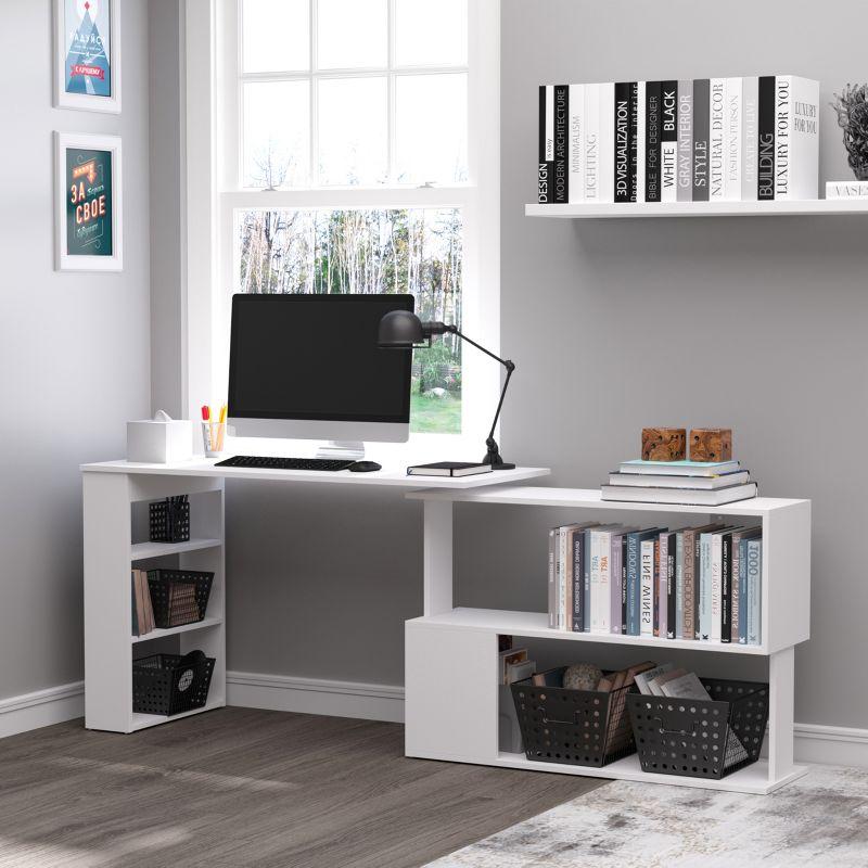 White Wood L-Shaped Rotating Corner Desk with Shelves