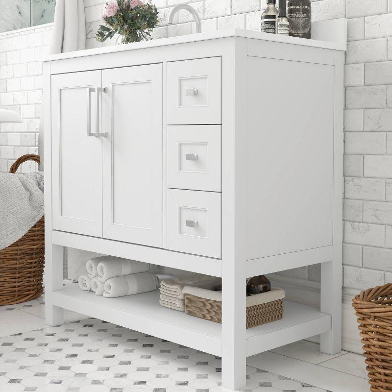 Taylor & Logan 36" Vivien Bathroom Vanity with Open Shelf and 3 Drawers White: Stoneware Surface, Wood Frame, Drop-In Sink