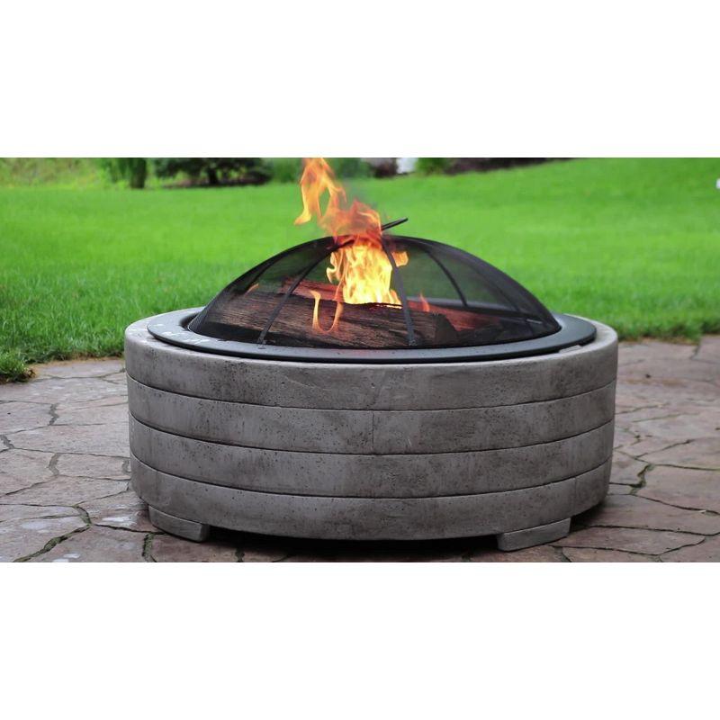 Sunnydaze Outdoor Large Round Faux Stone Fire Pit with Handles, Log Poker, and Spark Screen - 35" - Gray