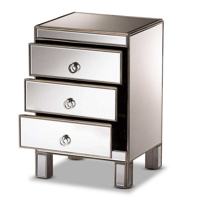 Ewan Mirrored 3 Drawer Nightstand Silver - Baxton Studio: Wood Frame, Reflective Surface, No Assembly Required