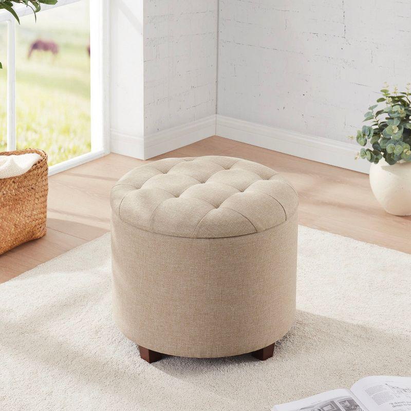 Ornavo Home Velvet Upholstered Round Tufted Storage Ottoman with Wooden Legs - Black