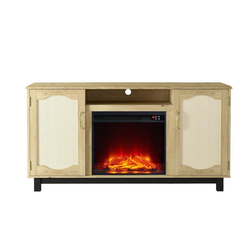 Light Wood 63" TV Stand with Electric Fireplace and Rattan Doors