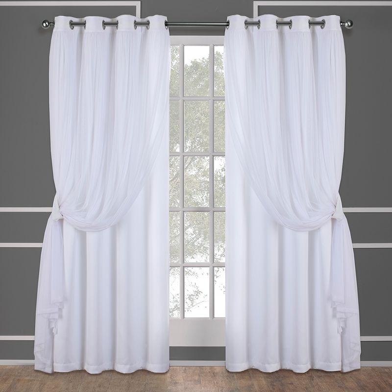 Set of 2 (108"x52") Catarina Layered Solid Blackout & Sheer Window Curtain Panel: White Curtains, Room Darkening