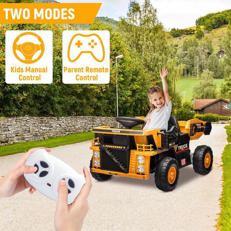 Ride On Dump Truck for Kids,12V Ride On Construction Vehicle with Remote Control, Shovel, Music Player, Shock Absorption, for 3+