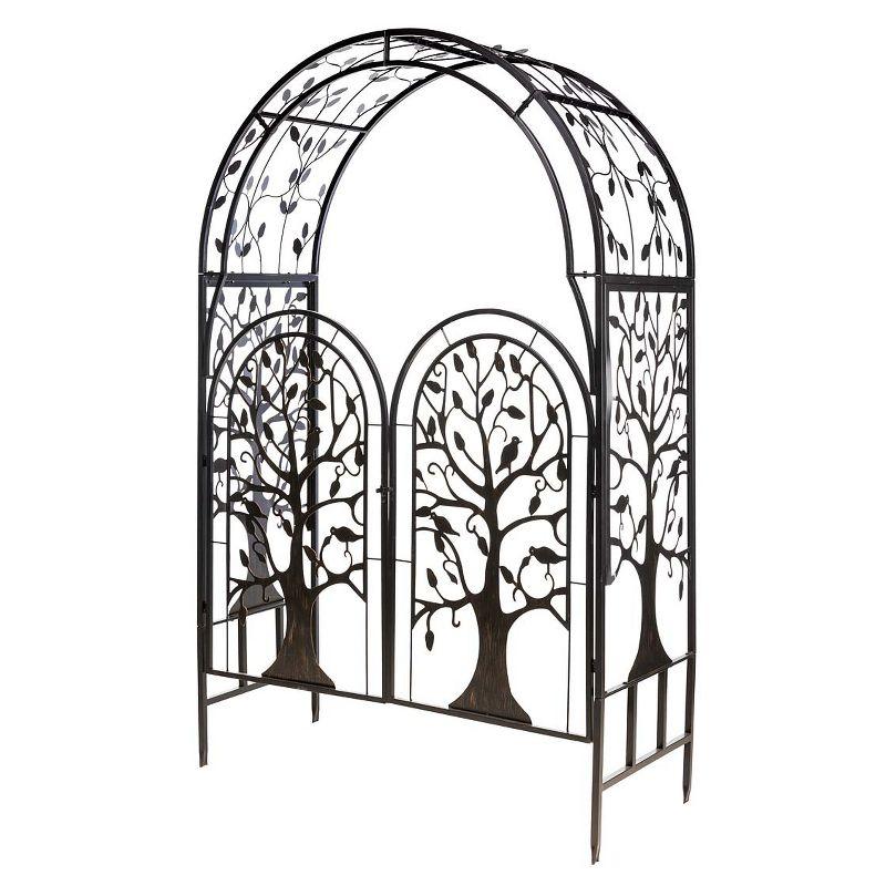 Burnished Bronze Metal Tree of Life Arched Garden Arbor with Gate