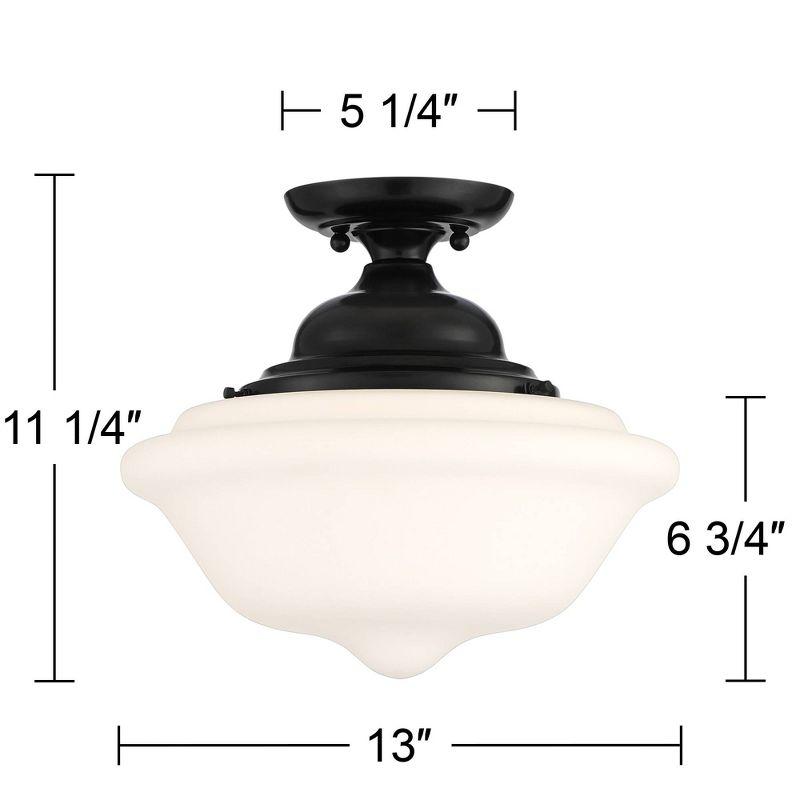 Regency Hill Vintage Rustic Farmhouse Ceiling Light Semi Flush Mount Fixture 13" Wide Gloss Black Flush White Glass Shade for Bedroom Living Room