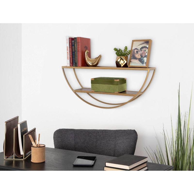 Walnut Brown and Gold Half-Moon Floating Wall Shelf