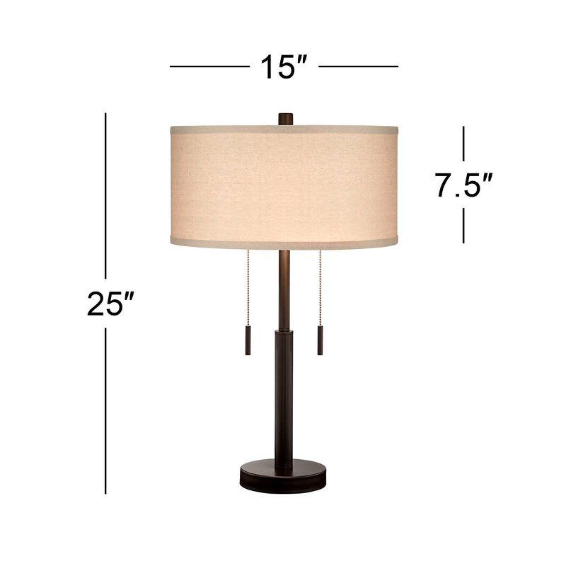 Franklin Iron Works Bernie Industrial Table Lamps 25" High Set of 2 Rich Bronze with USB Charging Port Tan Drum Shade for Bedroom Living Room Bedside