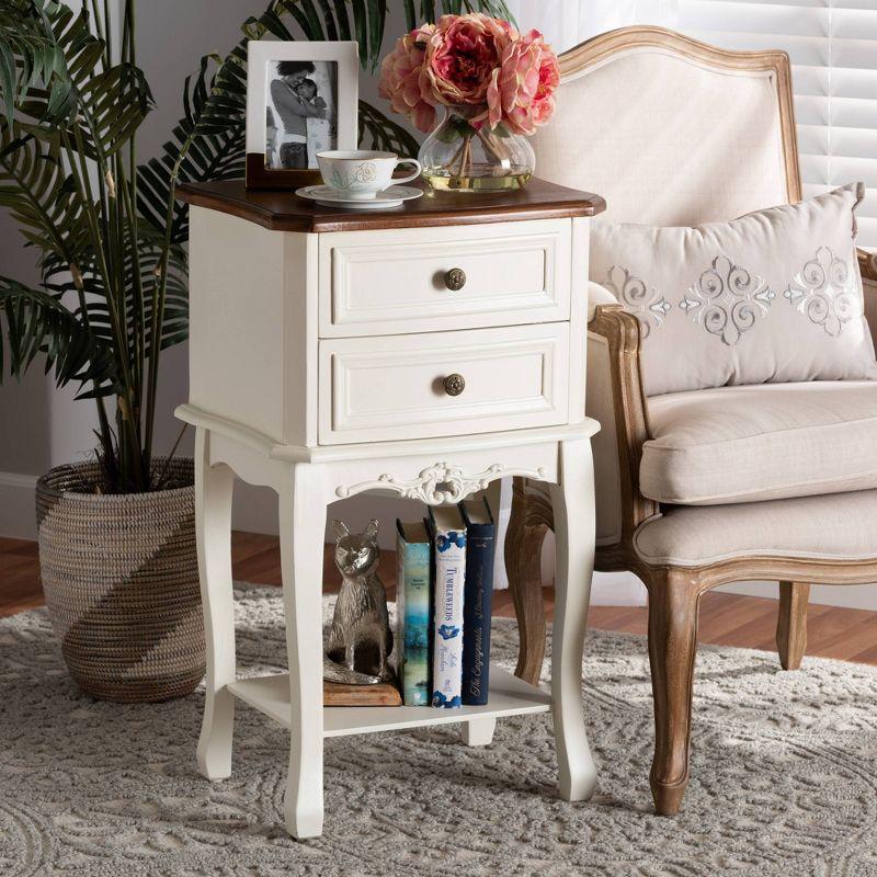 2 Drawer Darla Wood Nightstand White/Cherry Brown - Baxton Studio: Traditional Bedside Table with Anti-Tip Hardware