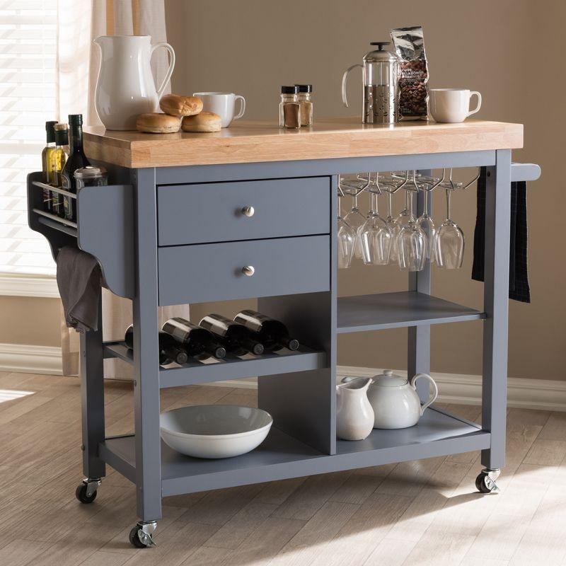 Medium Gray Rubberwood Kitchen Cart with Storage and Spice Rack