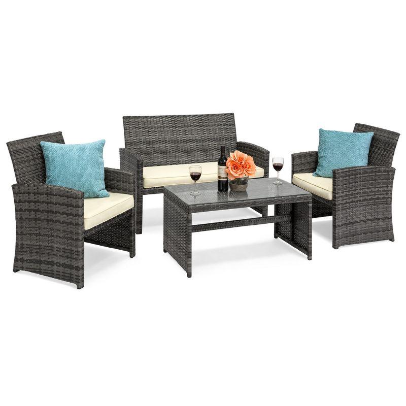 Gray 4-Piece Wicker Patio Furniture Set with Cushions and Glass Table