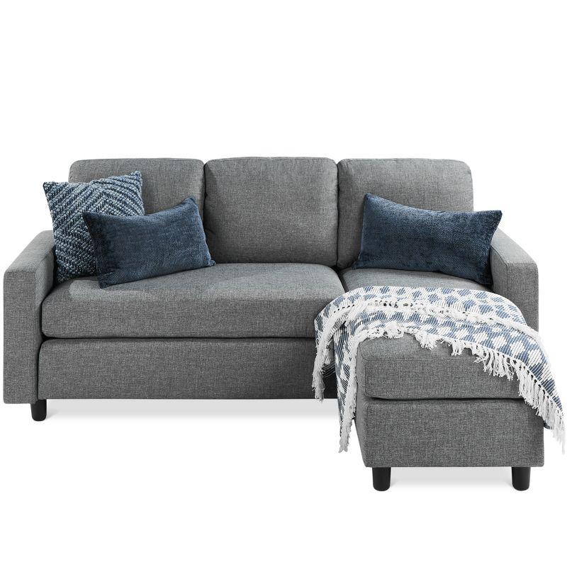 Gray Linen Sectional Sofa with Reversible Ottoman and Wood Frame