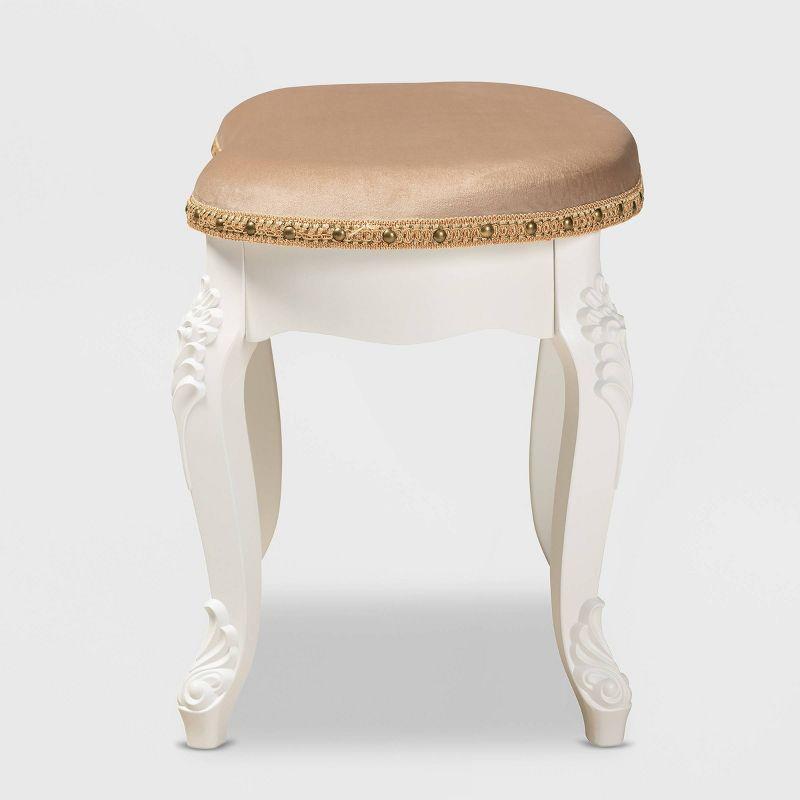 Gabrielle Velvet Fabric Upholstered Wood Vanity Ottoman Sand/White/Gold - Baxton Studio: French-Inspired, Brass Nailhead Detail, Cabriole Legs