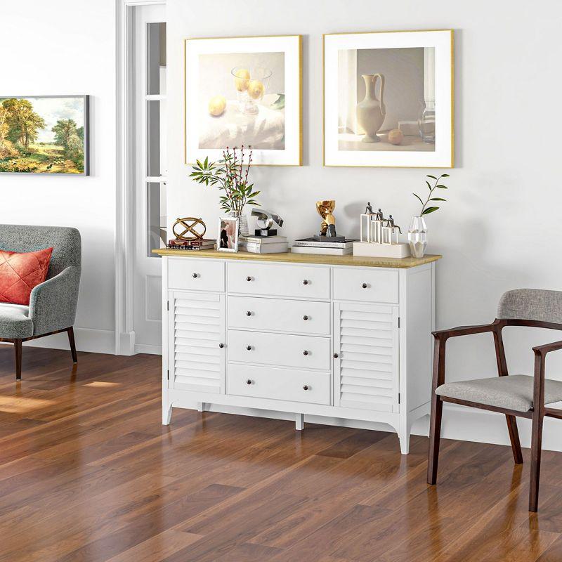Modern White Sideboard Buffet with Adjustable Shelves and Rubberwood Top