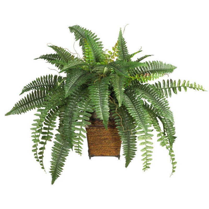 Nearly Natural Green Silk Fern in Wicker Basket