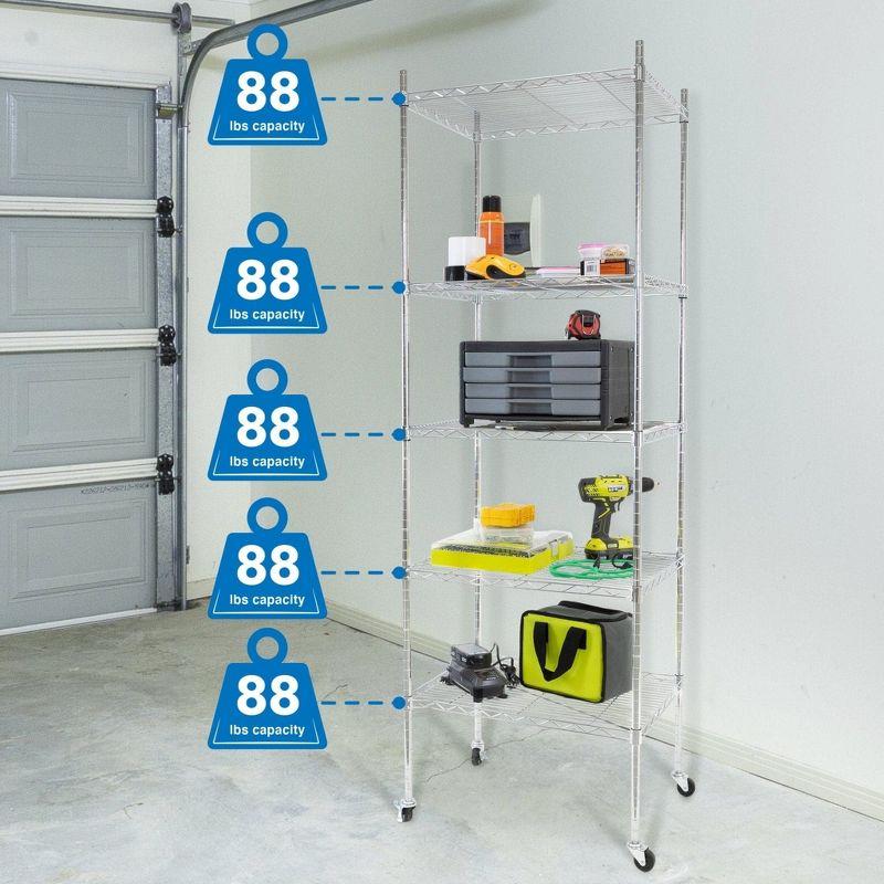 Mount-It! Height Adjustable 5 Tier Wire Shelving with Rolling Wheels | Closet Metal Racks Shelves