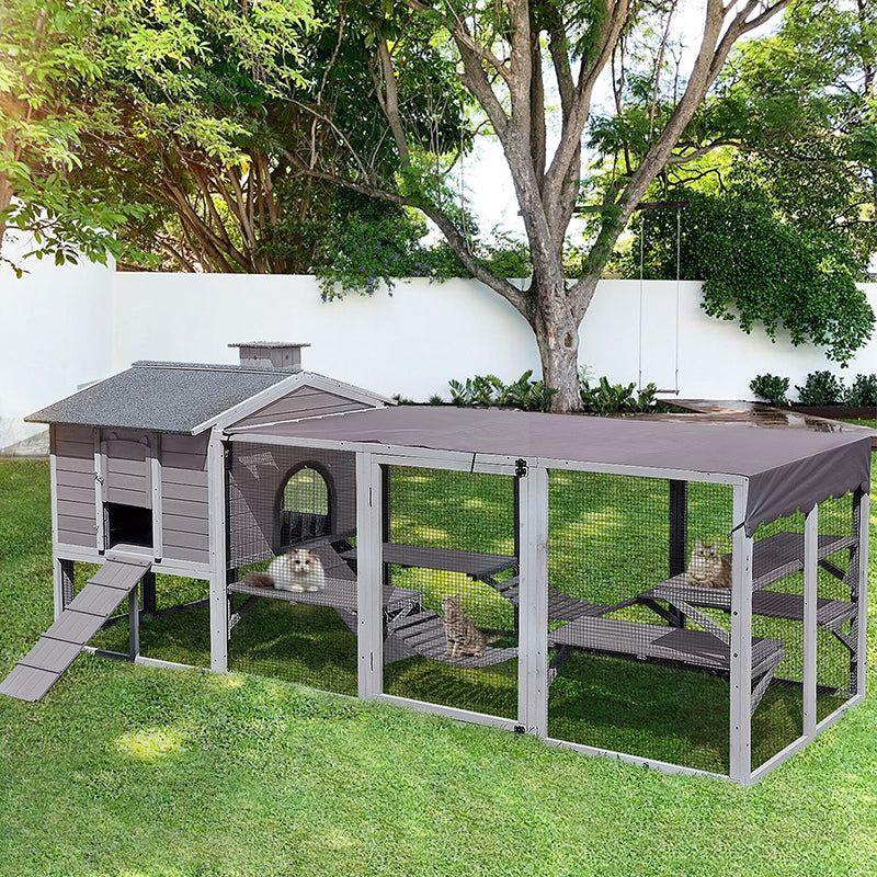 Large Gray Wooden Outdoor Cat House with Vertical Climbing Enclosure