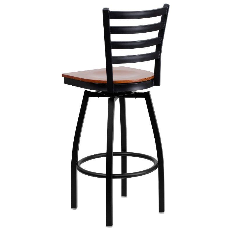 Cherry Wood and Black Metal Swivel Barstool with Ladder Back