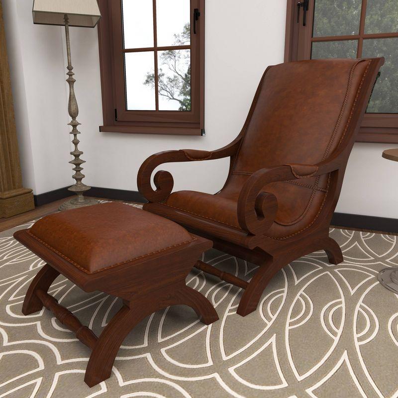 Traditional Teak Wood Accent Chair with Arms and Ottoman Brown - Olivia & May: Leather Upholstered, No Assembly Required