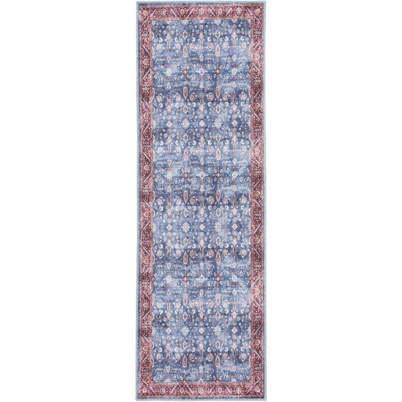 Vintage Elegance 2' x 6' Blue/Brick Floral Washable Indoor Rug