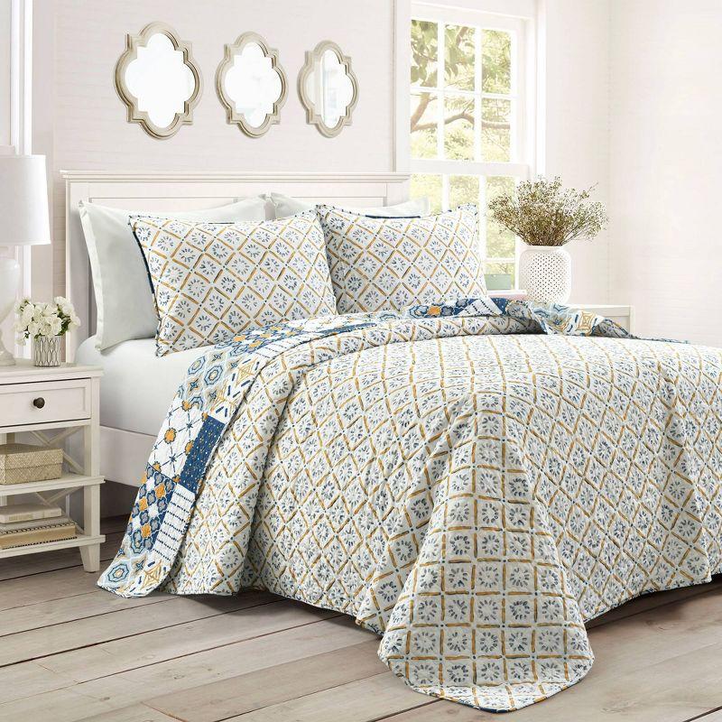 Monique King Navy and Mustard Cotton Reversible Quilt Set