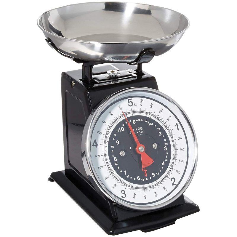 Retro Black and Silver Mechanical Kitchen Scale with Stainless Steel Bowl