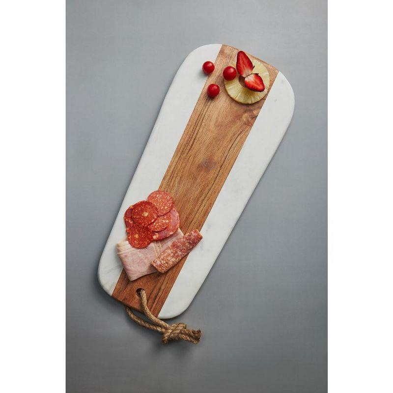 White Marble and Wood Rectangular Cutting Board with Rope Handle