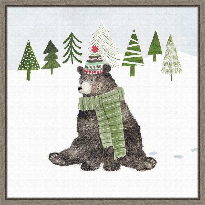 Woodland Christmas Bear Canvas Print with Grey Frame 22 x 22